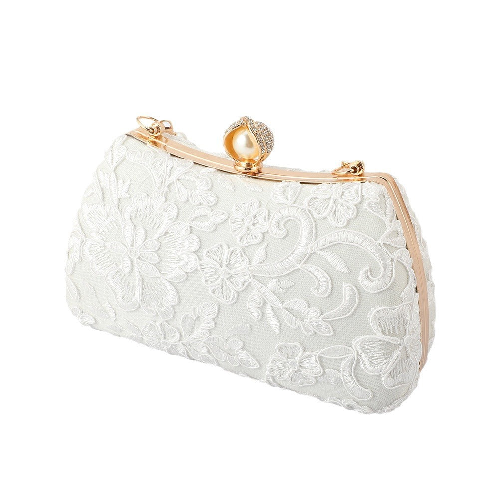 Women's Flower Pure White Sachet Wedding Dress Pearl Dinner Bag