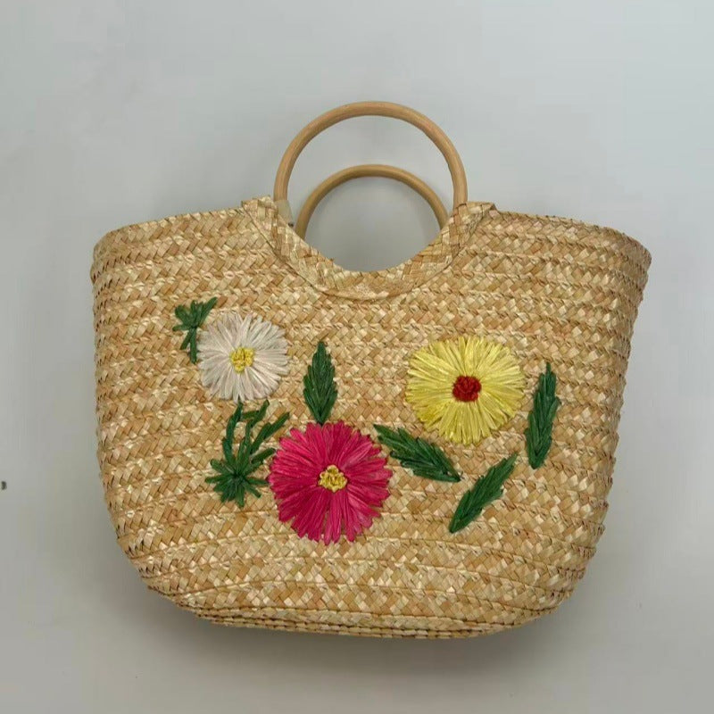 Lemon Semicircle Straw Braid Handmade Embroidery Market Vegetable Women's Shoulder Bag
