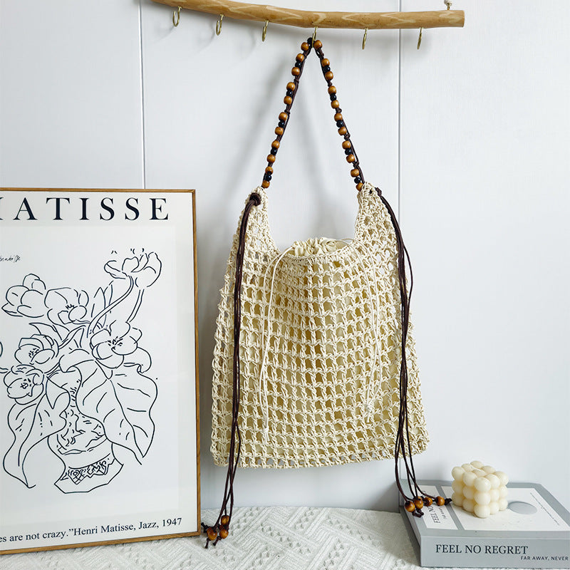 Design Net Weaving Hollow Wooden Bead Vacation Bags