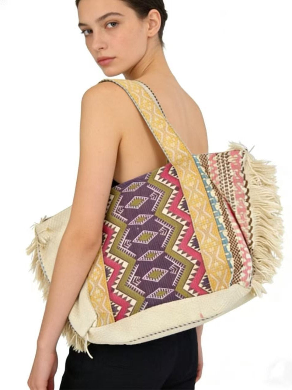 Women's Style Tassel Retro Geometric Pattern Large Capacity Totes Vacation Tote Bag