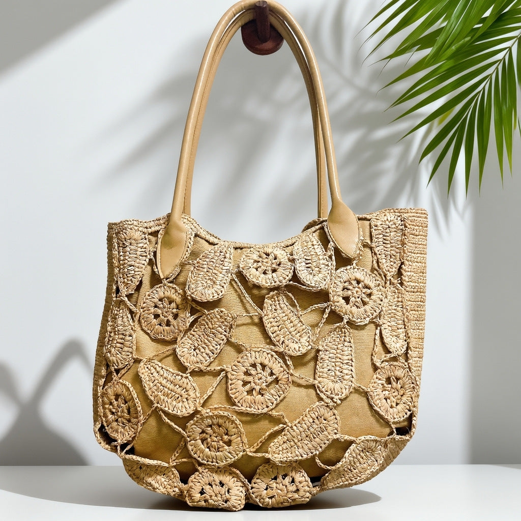 Capacity Hand Crocheting Three-dimensional Flowers Woven Summer Seaside Vacation Retro Tote Bags