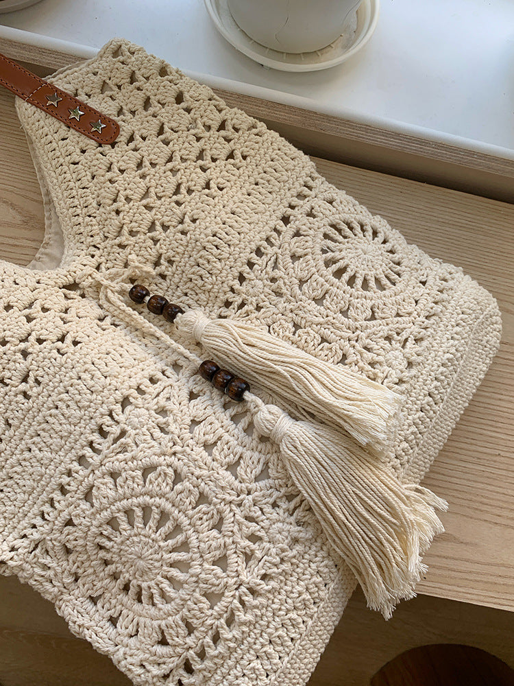 Women's Large Capacity Cotton Braided Hollow Mesh Seaside Vacation Tote Bags