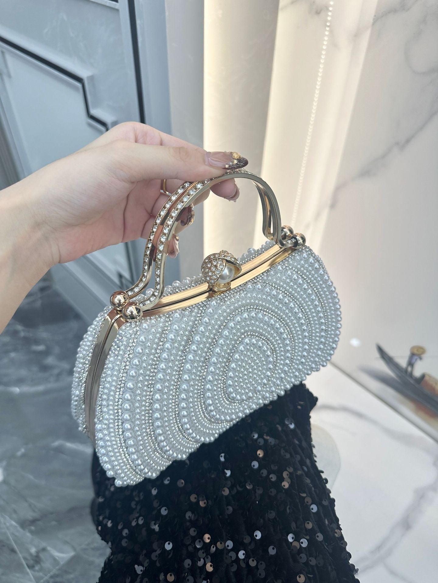 Women's Pearl Banquet Dress Diamond Clutch Dinner Bag