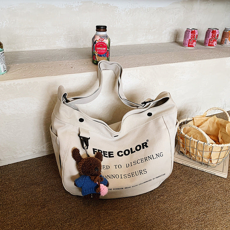Khaki Korean Style Canvas Female Letter Retro Versatile Large Bags