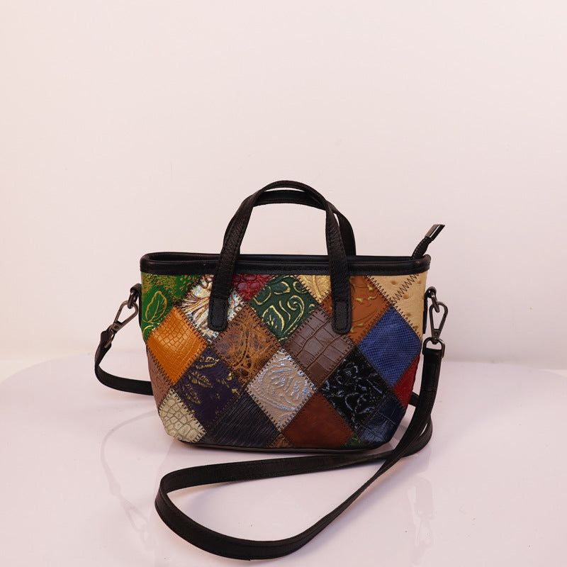 Women's First Layer Cowhide Ethnic Style Fashion Portable Stitching Women's Leather Bag