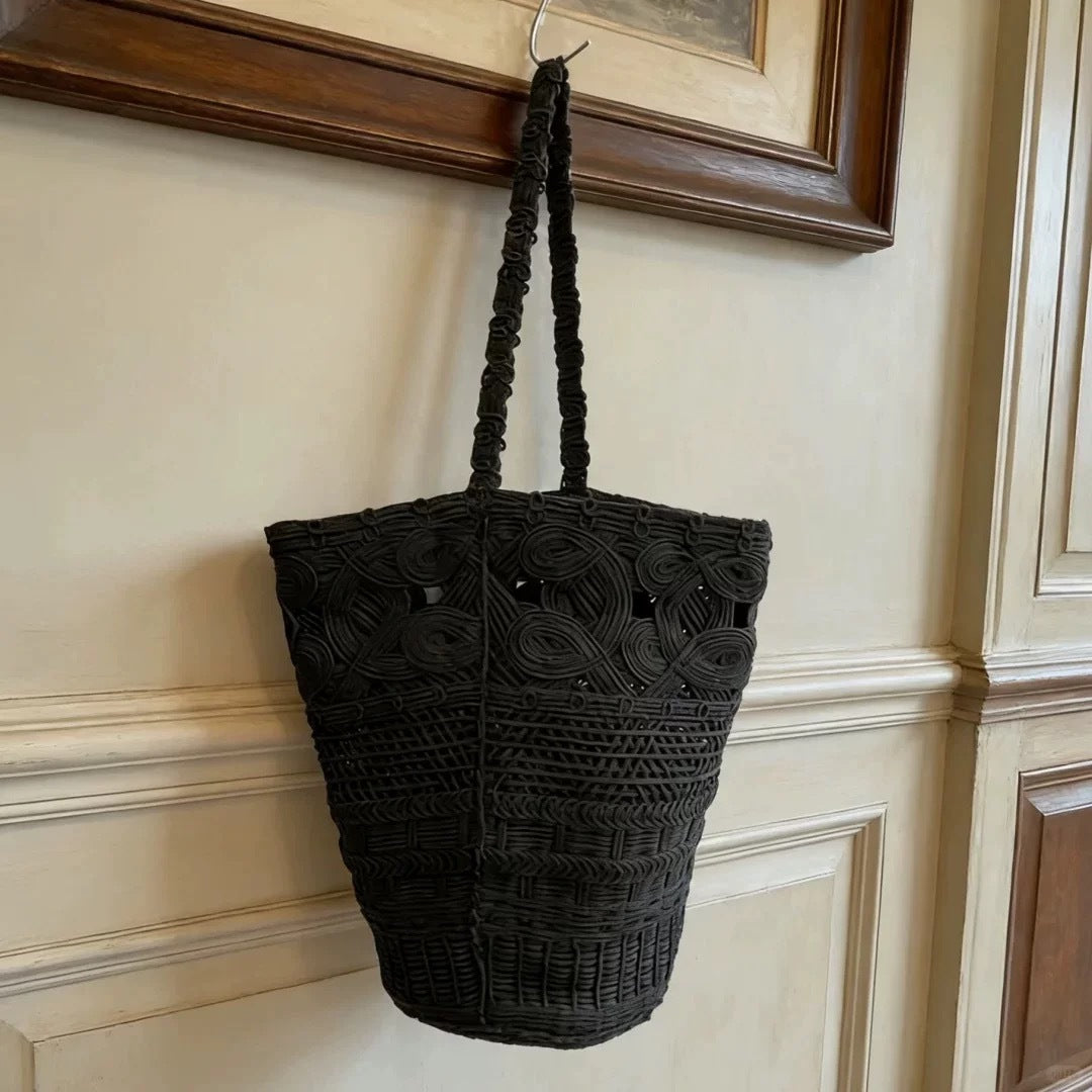 French Single Straw Hollow Lace Woven Vacation Women's Leather Bag