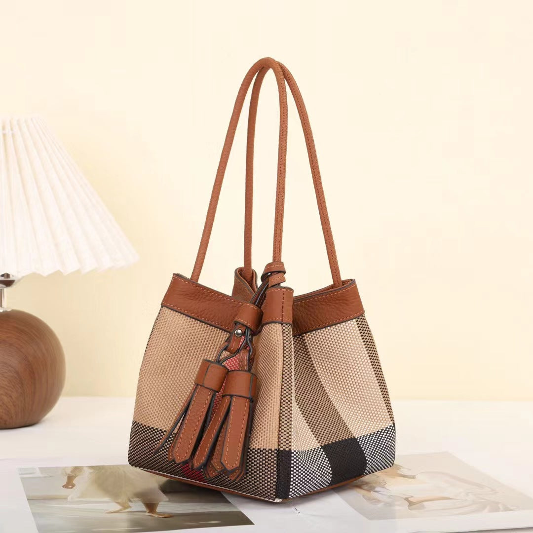 Women's Elegant Plaid Soft Leather Portable Vegetable Bucket Bags