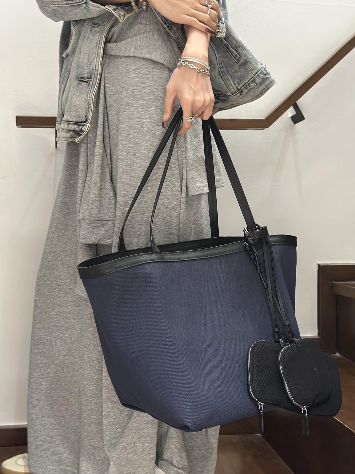 Minimalist Canvas Cowhide Stitching Double-sided Large Handbags