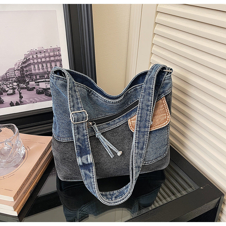 Women's Retro Trendy Washed Denim Fashion Stitching Women's Shoulder Bag