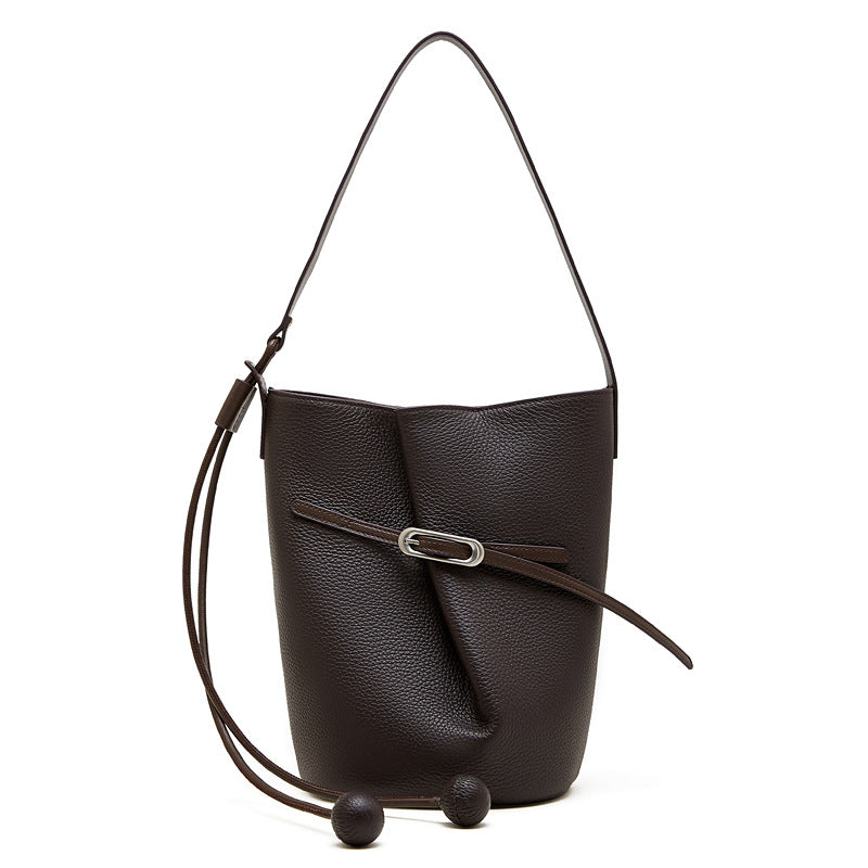 Women's Layer Cowhide Design Simple Commute Genuine Leather Large Capacity Bucket Bags
