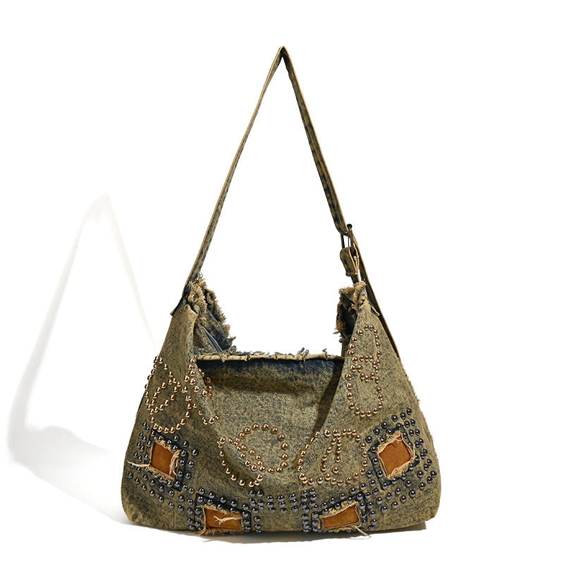 Large Capacity Totes Retro Jean Studded Bags