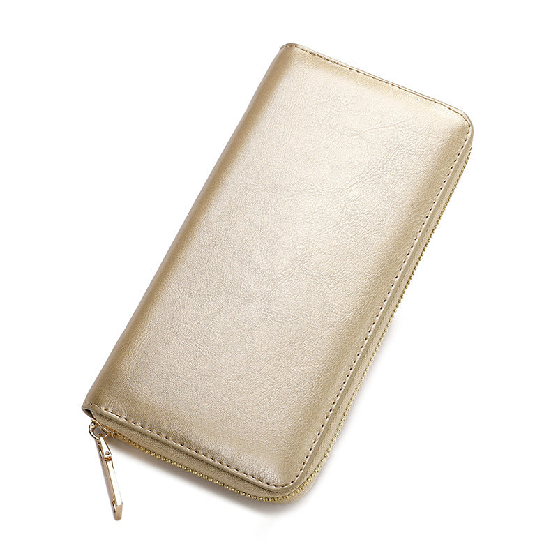 Women's Oil Wax Grain Cowhide Zip Long Genuine Leather Large Ladies Wallet