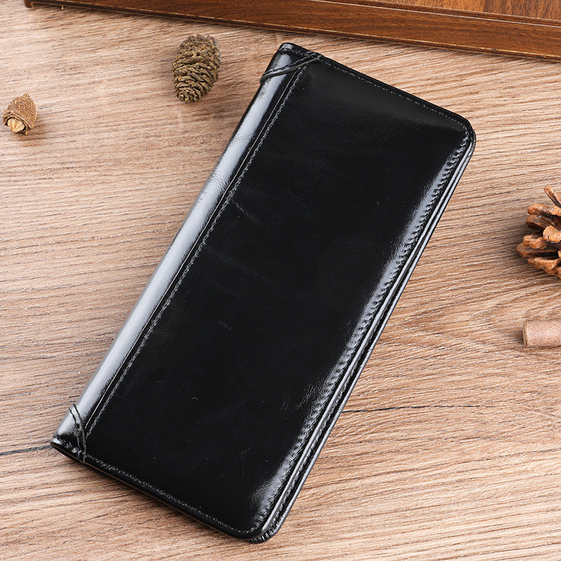 Men's Oil Waxed Leather Long Genuine Vertical Men's Wallet