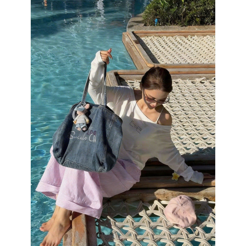 Women's Retro Washed Blue Portable Denim Korean Tote Bag