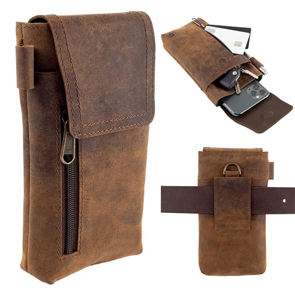 Men's Retro First Layer Cowhide Magnetic Mobile Genuine Leather Men's Fanny Pack