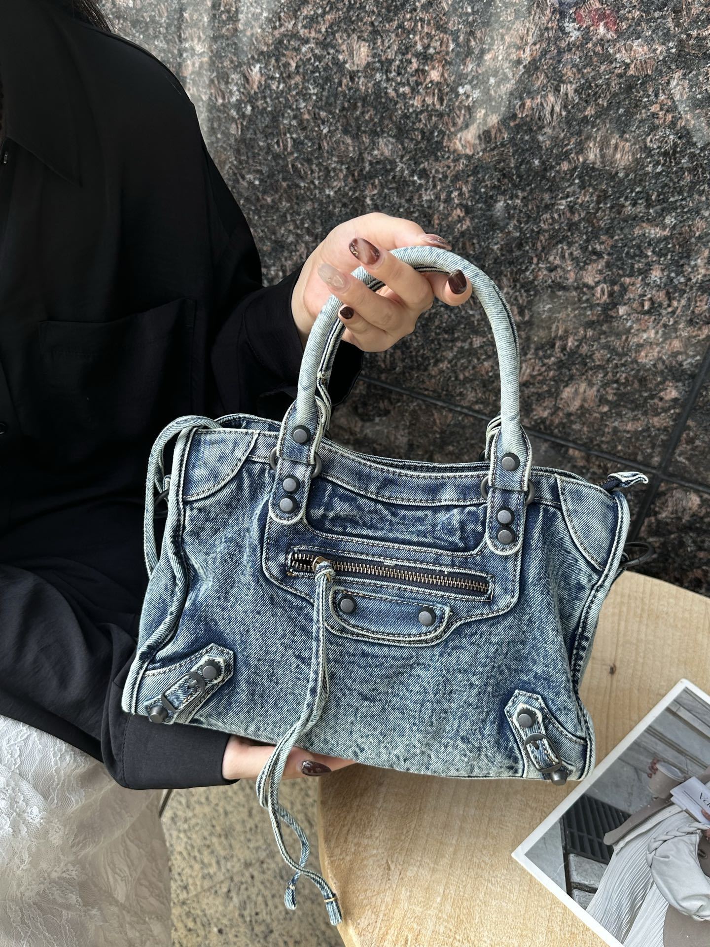 Rivet Motorcycle Washed Denim Neutral Punk Women's Messenger Bag
