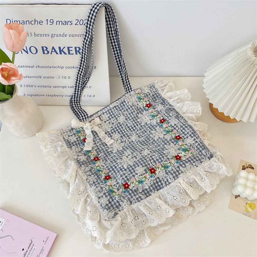 Women's Mori Pastoral Style Plaid Embroidered Lace Large Bags