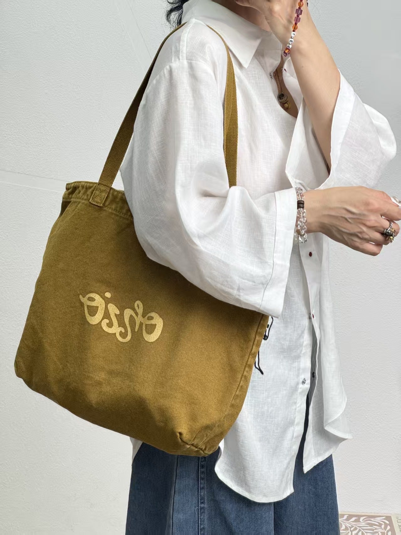 Canvas Washed Letter Embroidery Large Capacity Women's Shoulder Bag