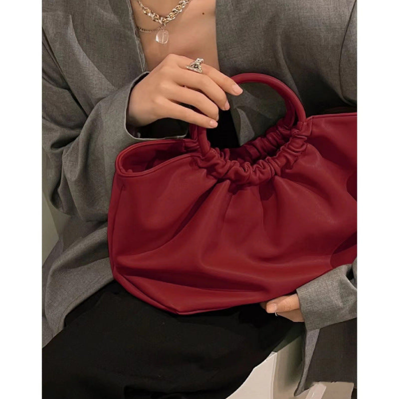 Women's Red Pleated Cloud Large Capacity For Handbags