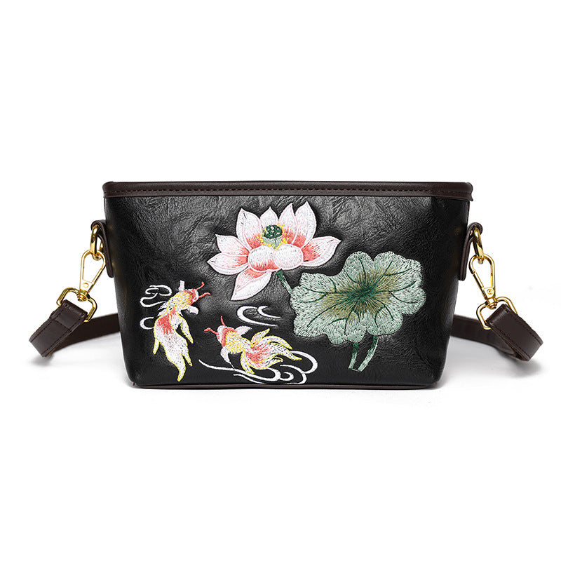 Women's National Style Light Luxury Lotus Embroidery China Women's Shoulder Bag