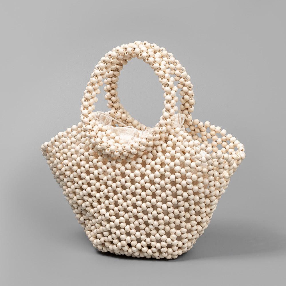 Women's Hand-woven Large Capacity With Wooden Beads Decoration Seaside Vacation Beach Handbags