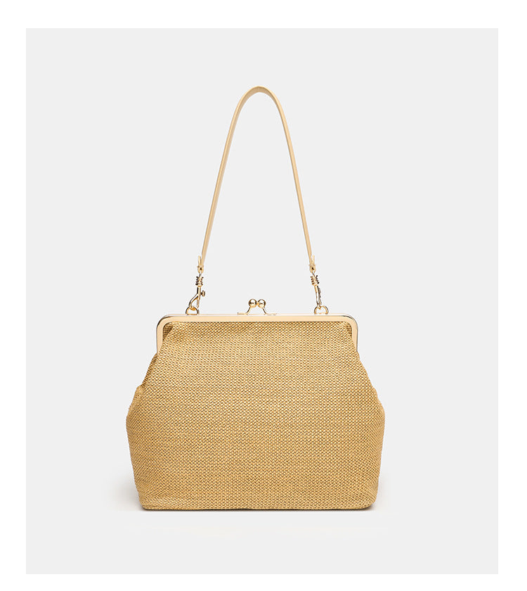 Women's Colorful Striped Kiss Straw Woven Clip Summer Women's Shoulder Bag