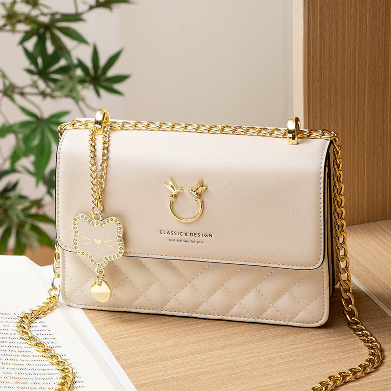 Women's Chain Cattle Leather Embroidery Thread Rhombus Bags