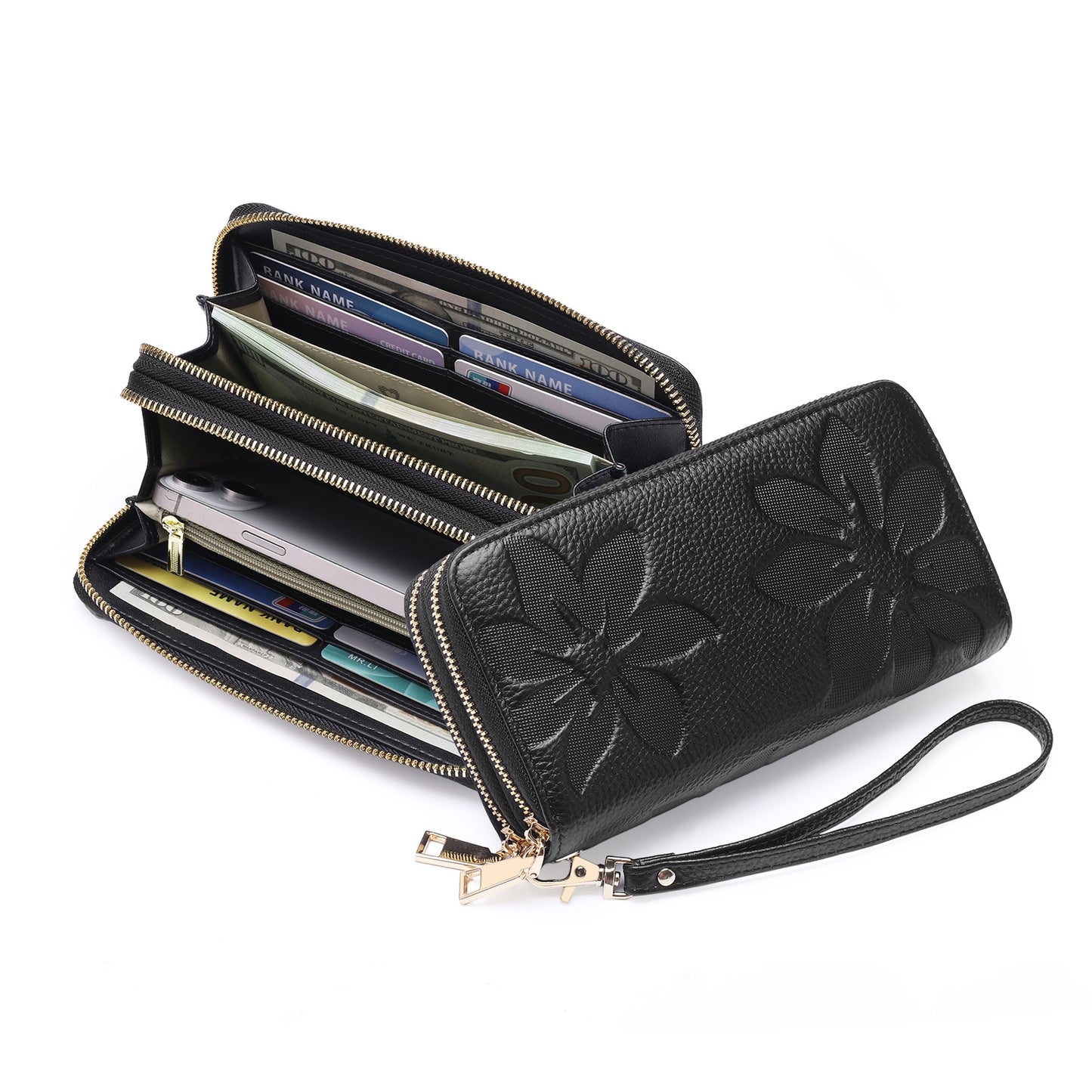Women's Double Zip Large Capacity Long Top Layer Cowhide Clutch Ladies Wallet
