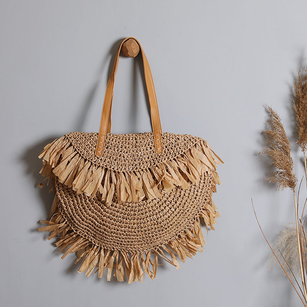 Women's Beach Vacation Weaving Round Ethnic Style Tassel Rattan Large Capacity Bags