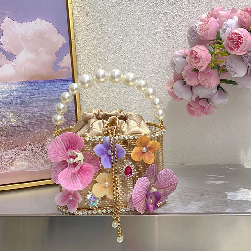 Flower Beaded Shiny Irregular Diamond Vegetable Basket Bird Cage Banquet Handbags