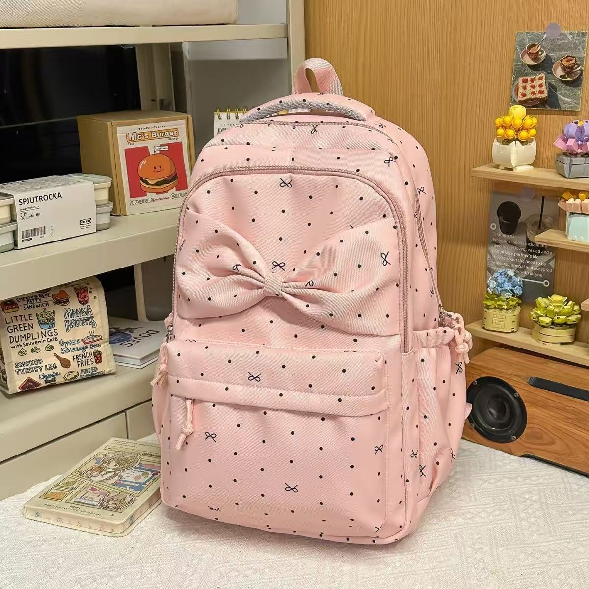 Female Design Sweet Polka Dot Bow College Student Schoolbag