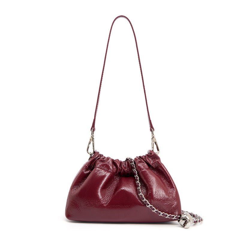 Balls Chain Pleated Cloud Portable Underarm Black Leather Design Sense Women's Messenger Bag
