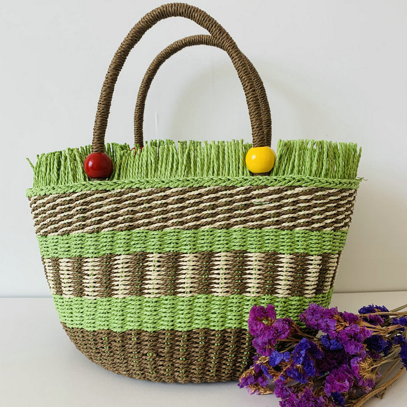 Vacation Style Beach Vegetable Basket Portable Wooden Bead Straw Twill Women's Handbag
