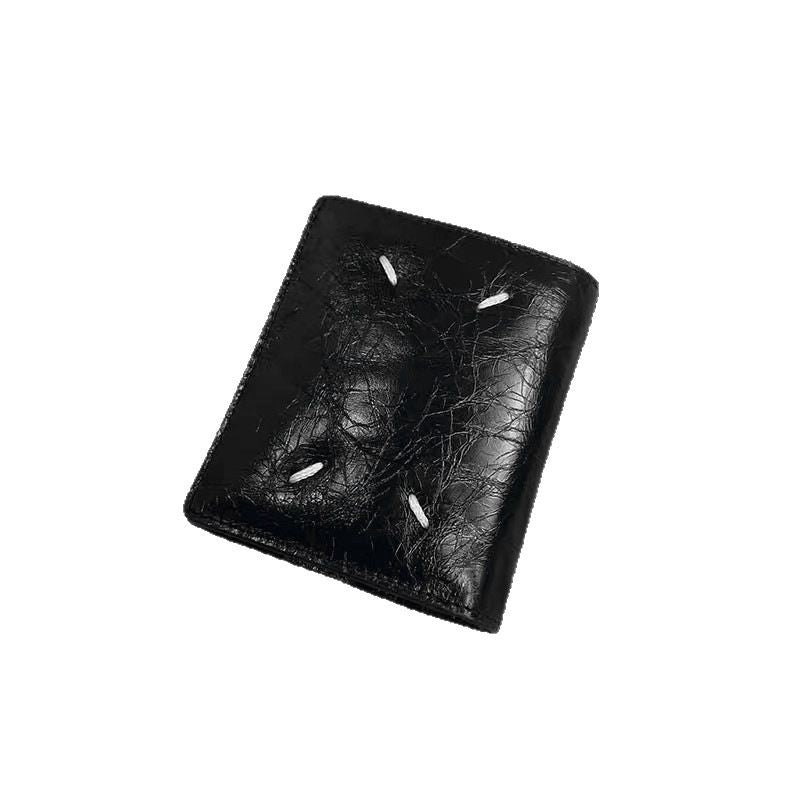 Women's & Men's Cowhide Fold Black Oil Wax Stitching Ladies Wallet