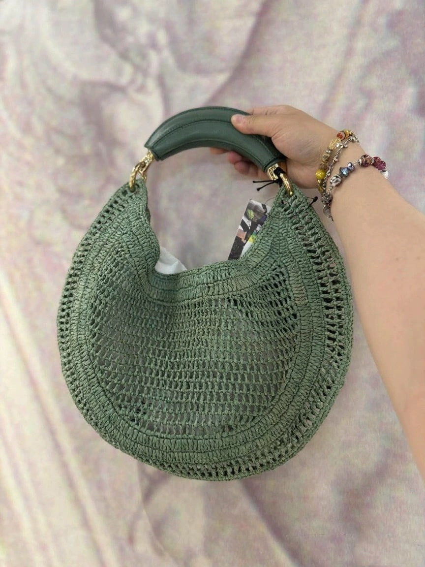 Design Straw Woven Moon Soft Leather Textured Women's Shoulder Bag