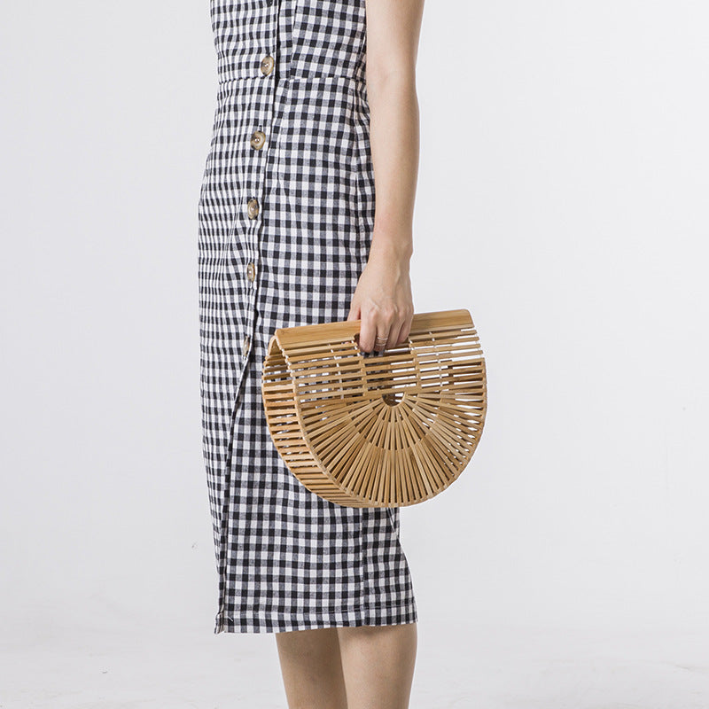 Women's Bamboo Handmade Beach Semicircle Woven Dumpling Handle