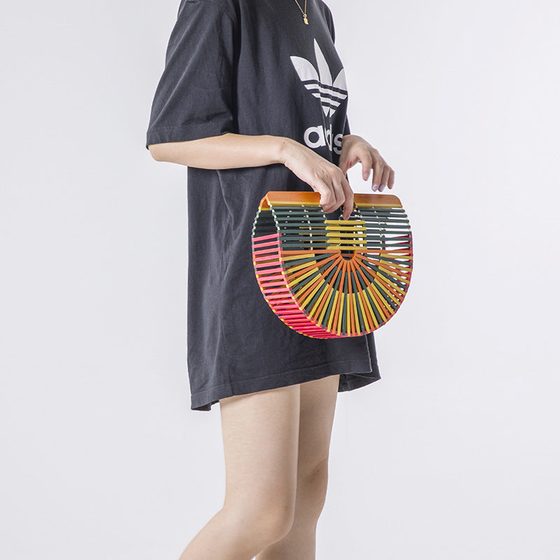 Women's Bamboo Handmade Beach Semicircle Woven Dumpling Handle