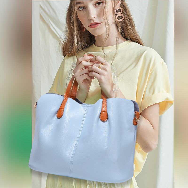 Women's Color Contrast First Layer Cowhide Mother Handbags