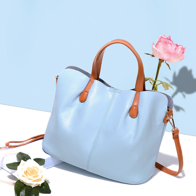 Women's Color Contrast First Layer Cowhide Mother Handbags