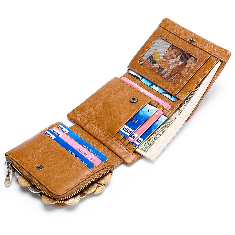 Men's Retro Oil Wax Skin Short Cowhide Trifold Genuine Leather Change Men's Wallets