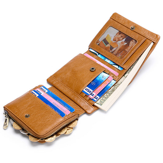 Men's Retro Oil Wax Skin Short Cowhide Trifold Genuine Leather Change Men's Wallets