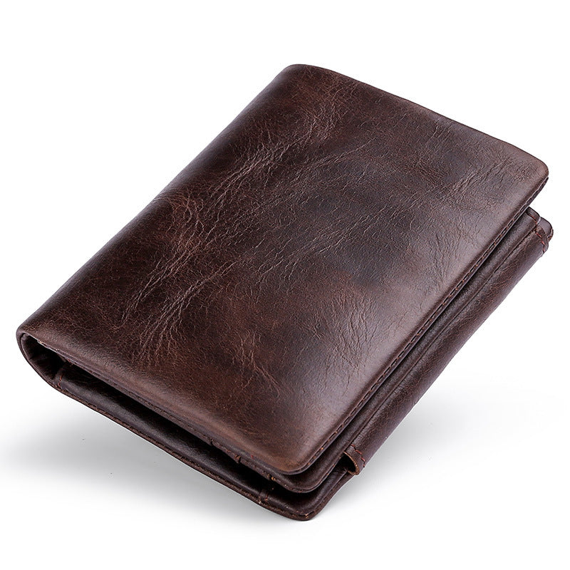 Men's Retro Oil Wax Skin Short Cowhide Trifold Genuine Leather Change Men's Wallets