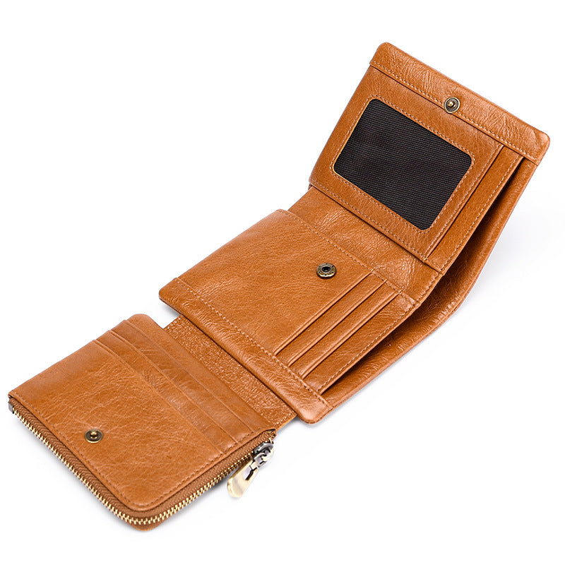 Men's Retro Oil Wax Skin Short Cowhide Trifold Genuine Leather Change Men's Wallets