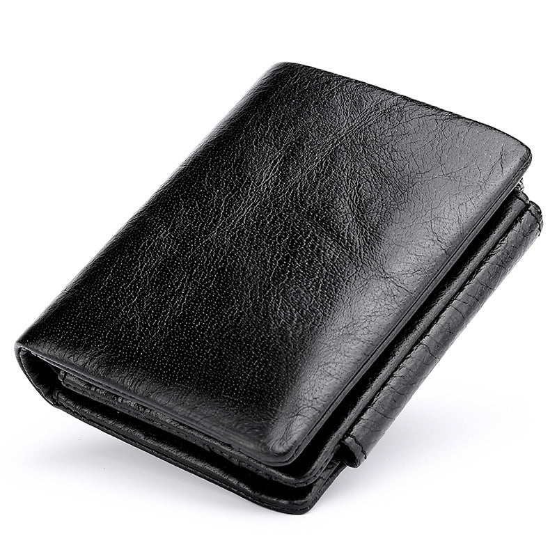 Men's Retro Oil Wax Skin Short Cowhide Trifold Genuine Leather Change Men's Wallets