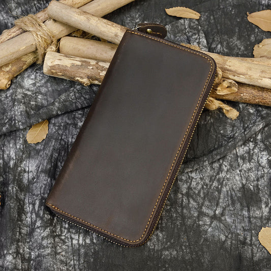 Men's Crazy Horse Leather Vintage Long Zipper Men's Wallet