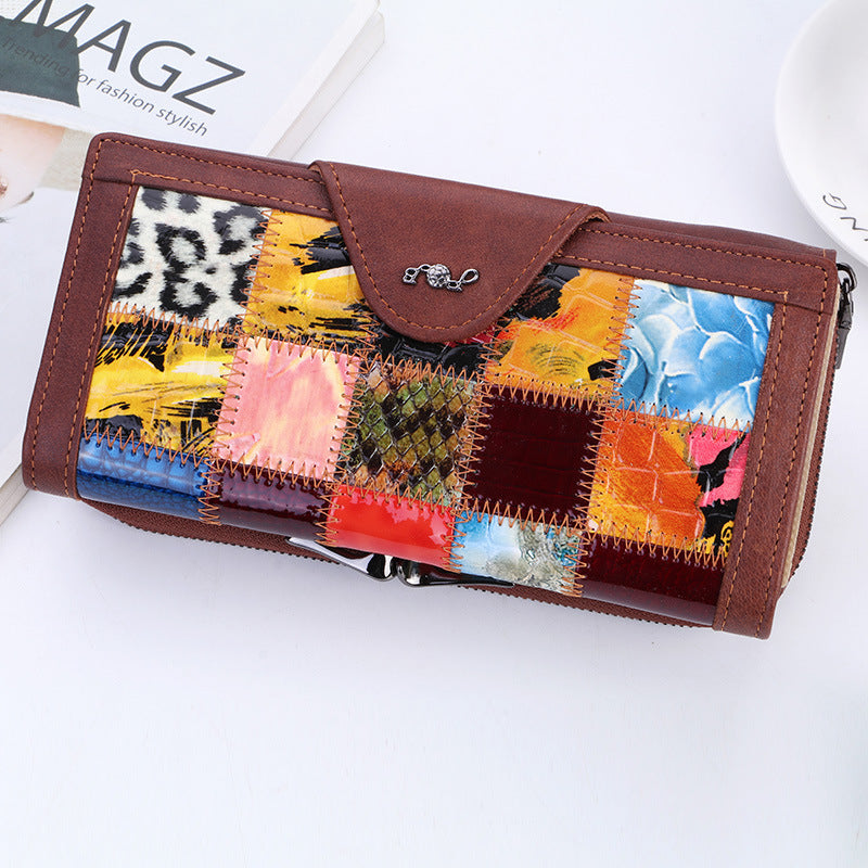Women's Genuine Leather Clutch Cowhide Long Patchwork Ladies Wallet
