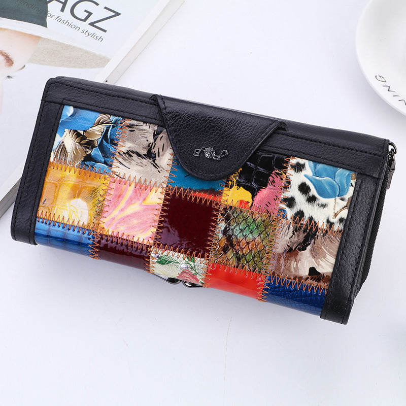 Women's Genuine Leather Clutch Cowhide Long Patchwork Ladies Wallet