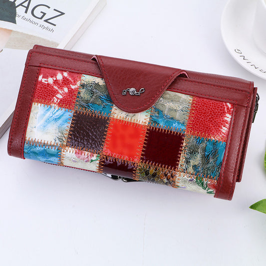Women's Genuine Leather Clutch Cowhide Long Patchwork Ladies Wallet