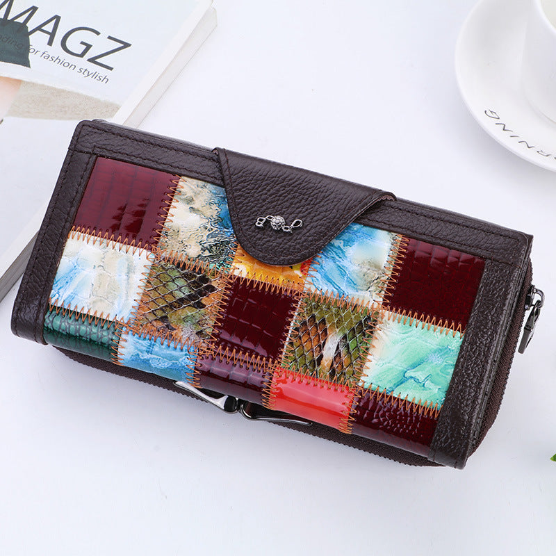 Women's Genuine Leather Clutch Cowhide Long Patchwork Ladies Wallet