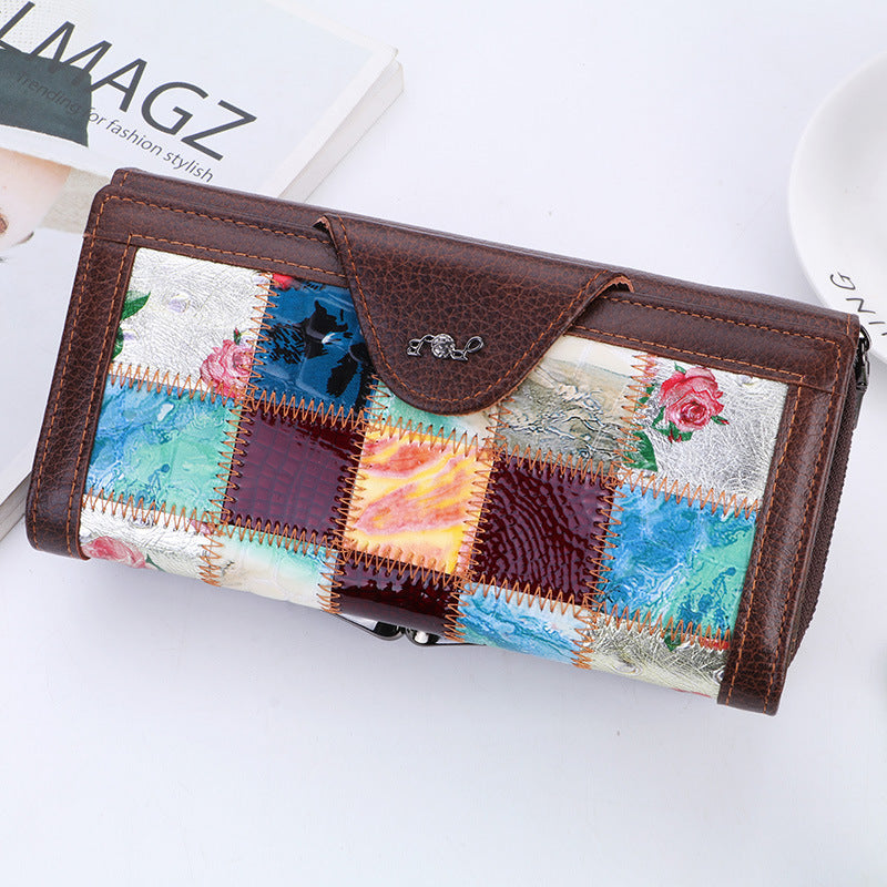 Women's Genuine Leather Clutch Cowhide Long Patchwork Ladies Wallet